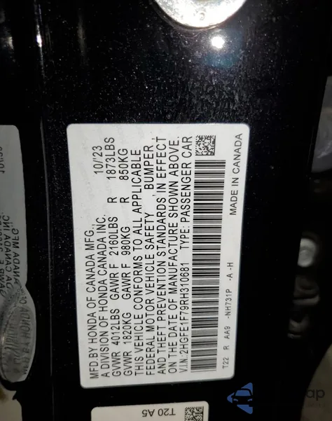 2024 Honda Civic Ex z USA, uszkodzony, nr VIN 2HGFE1F79RH310681